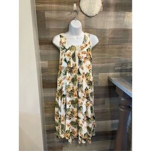 Papa NWT L lined layered sheer polyester ruched waist tropical print dress w/lar